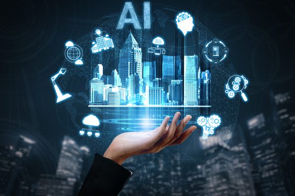 AI Learning and Artificial Intelligence Concept - Icon Graphic Interface showing computer, machine thinking and AI Artificial Intelligence of Digital Robotic Devices.